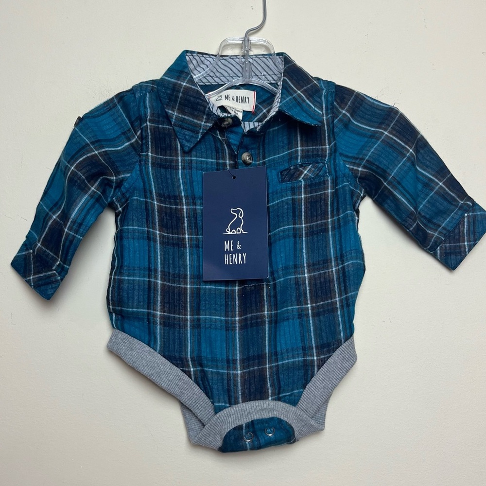 Me‎ & Henry Woven One piece (0-3m) Bodysuit Blue Green Plaid Button Up NWT
